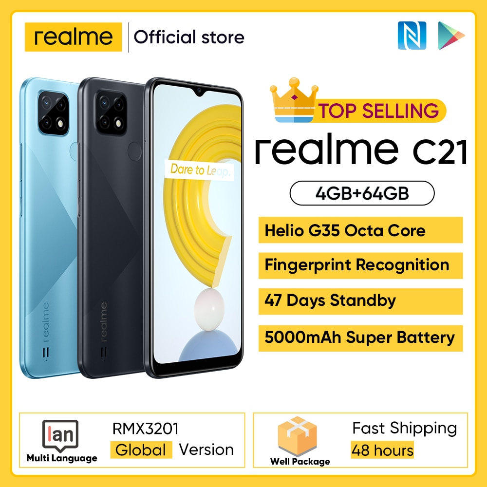 realme C21 Smartphone Global Version Helio G35 Octa Core 4GB RAM 64GB ROM 6.5" inch display 5000mAh Large battery 3-Card Slot