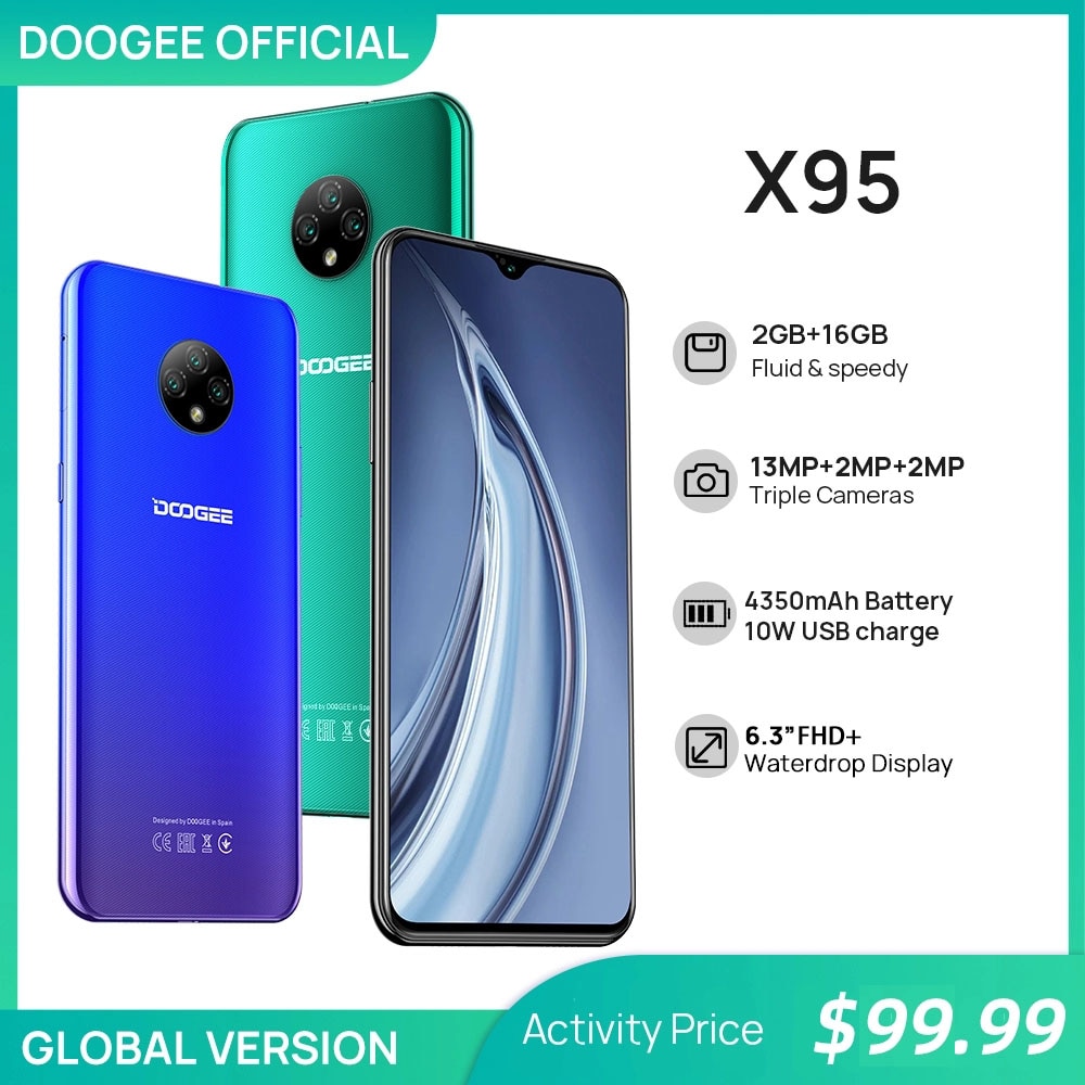 New DOOGEE X95 Android 10 4G-LTE Cellphones 6.52" Display MTK6737 16GB ROM Dual SIM 13MP Triple Camera 4350mAh Battery