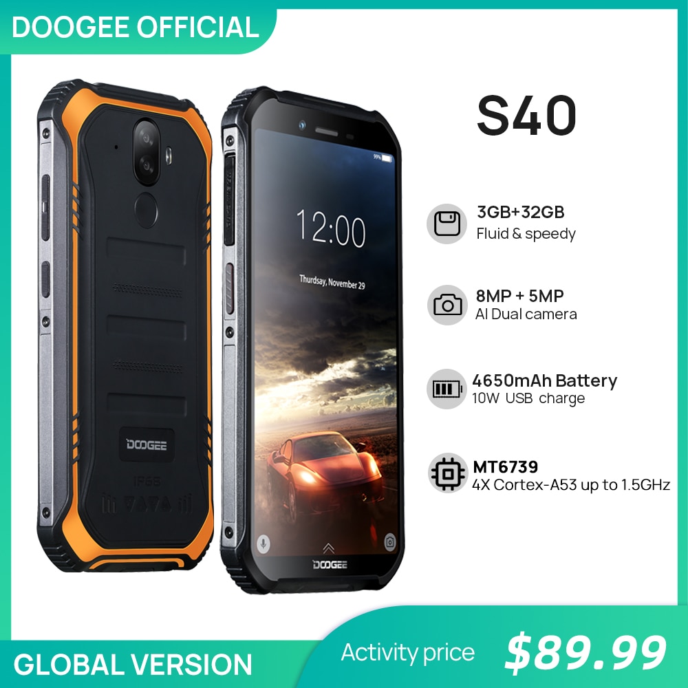 Upgrade 3GB+32GB DOOGEE S40 MTK6739 Quad Core Android 9.0 4G Network Rugged Mobile Phone IP68 5.5inch Display 4650mAh 8.0MP NFC