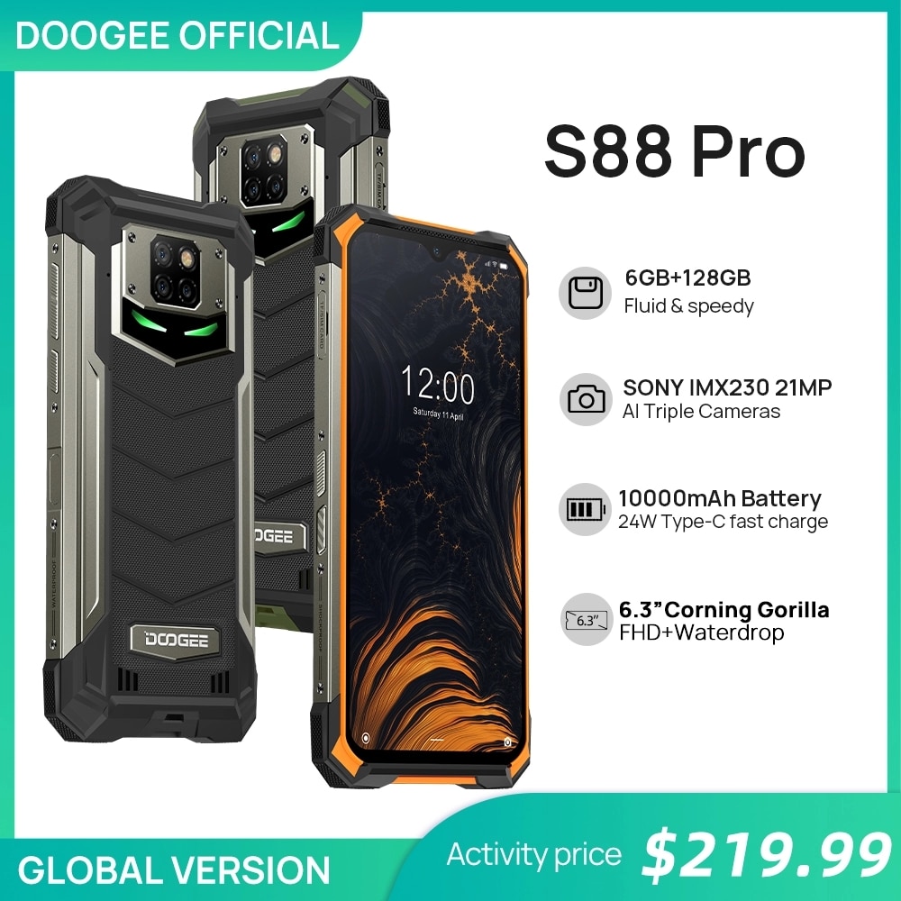 IP68/IP69K DOOGEE S88 Pro Rugged Mobile Phone 10000mAh telephones Helio P70 Octa Core 6GB RAM 128GB ROM smartphone Android 10 OS