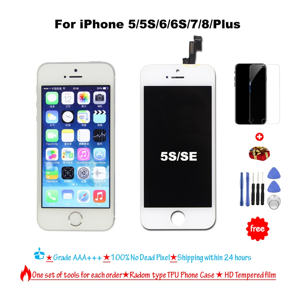 AAA+++ LCD Display For iPhone 6 7 8 6S Plus Touch Screen Replacement For iPhone 5S No Dead Pixel+Tempered Glass+Tool+TPU