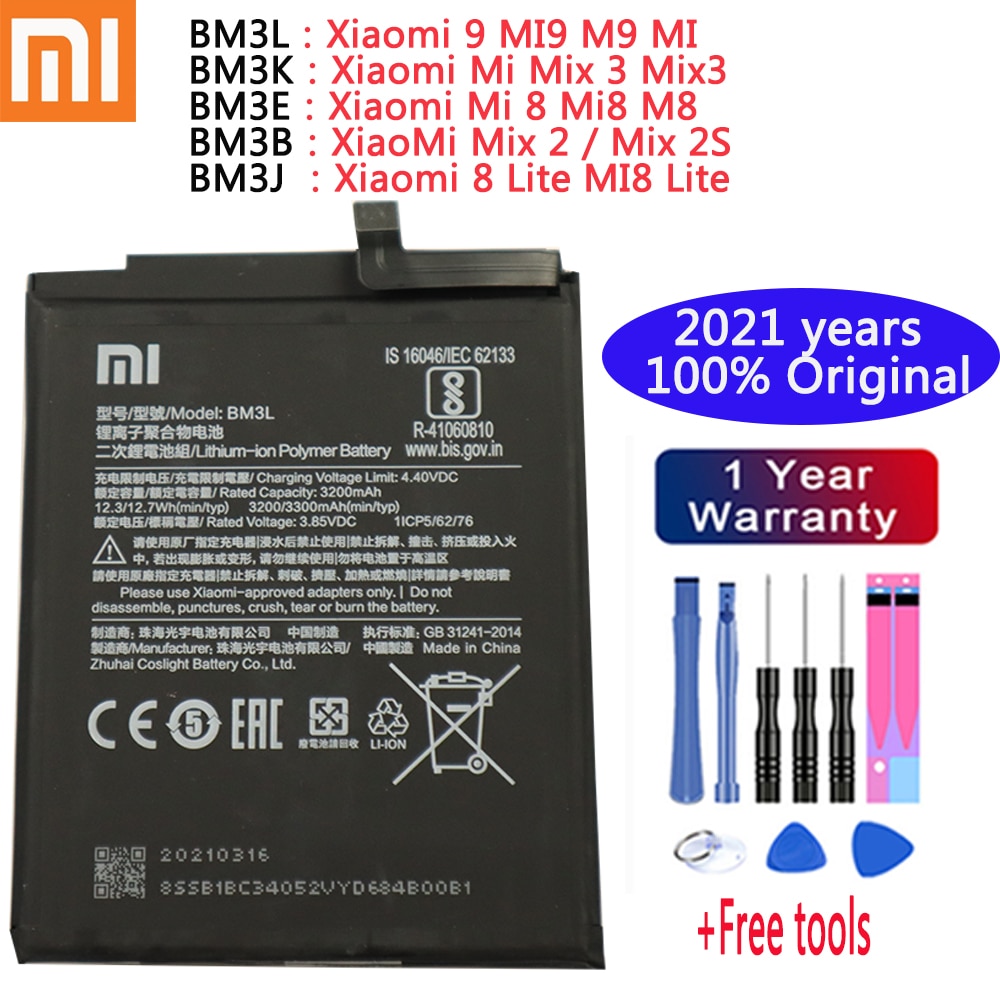 100% Xiaomi Original Phone Battery for Xiaomi 9 MI9 Mi Mix 3 Mix3 Mi 8 Mi8 M8 Mix 2 Mix 2S 8 Lite MI8 Lite Replacement Batteries