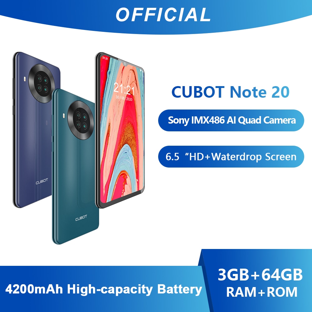 Cubot Note 20 Smartphone Rear Quad Camera NFC Google Android 10 6.5 Inch 4200mAh Dual SIM Card Telephone 4G LTE 3GB+64GB Celular