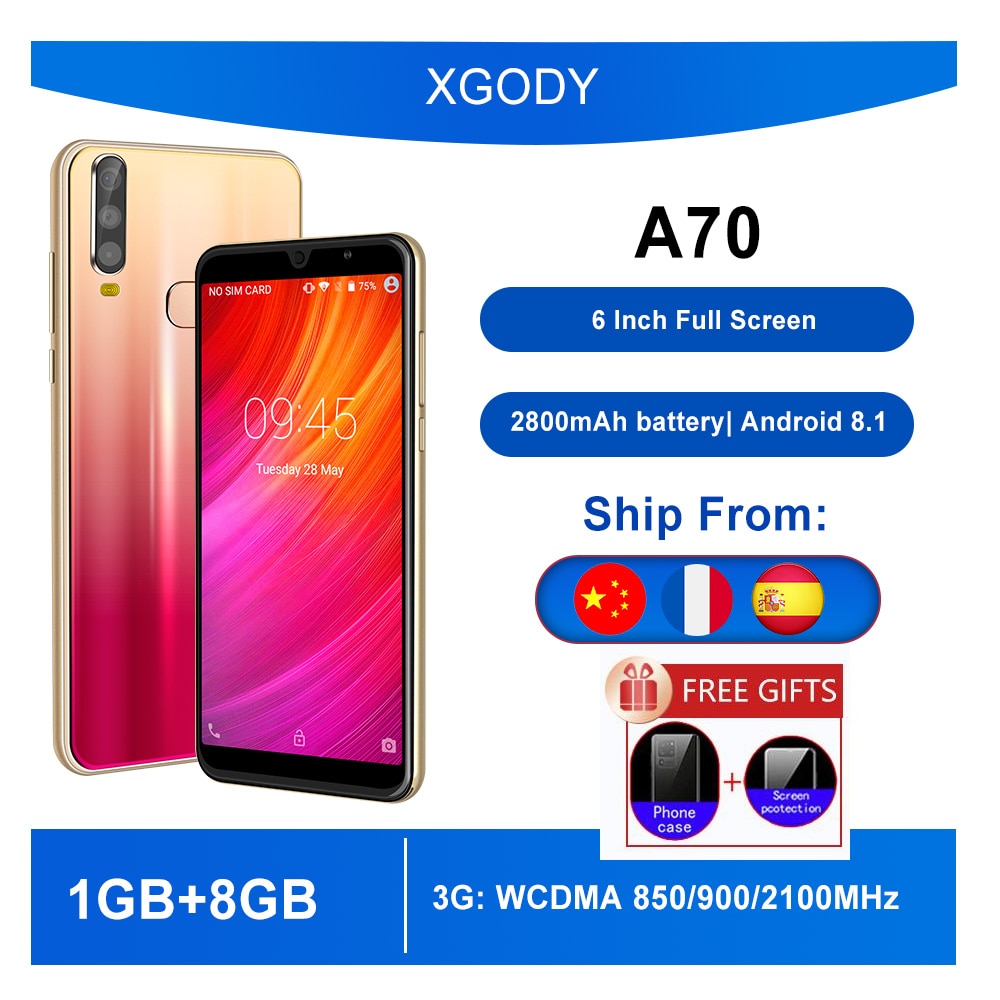 XGODY A70 telephone 3G Smartphone Android 8.1 6"cell phones Full Screen 1GB 8GB Quad Core Dual 5MP Camera 2800mAh Mobile Phones