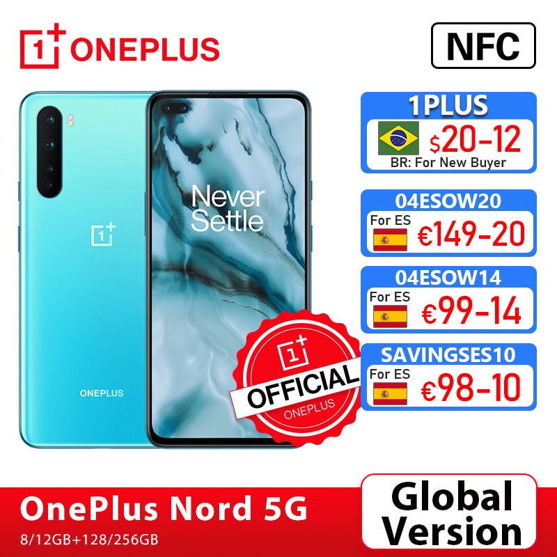 Global Version OnePlus Nord 5G OnePlus Official Store Snapdragon 765G Smartphone 8GB 128GB 6.44'' 90Hz AMOLED 48MP Quad Warp 30T