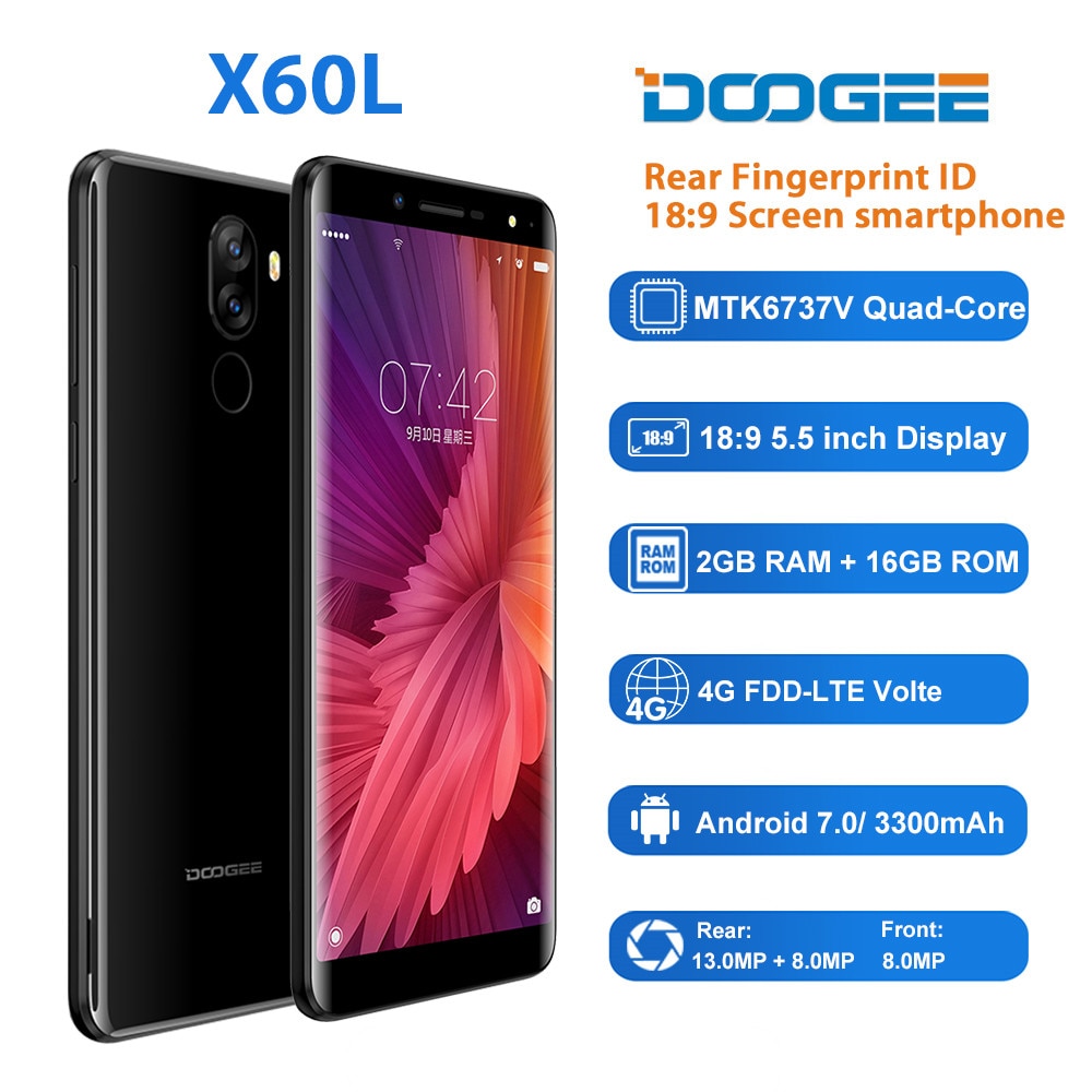 DOOGEE X60L 5.5'' inch 2GB+16GB 4G LTE Smartphone Dual Camera 13.0MP Android 7.0 MTK6737V 3300mAh fingerprint Mobile Phone