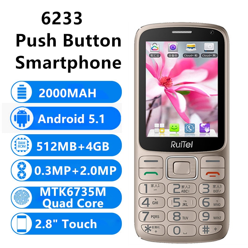 6233 Elderly SmartPhone 512MB RAM 4GB ROM 2.8" Push Button MTK6735M Quad Core Android 5.1 2.0MP BigHorn GPS Cheap Mobile Phone