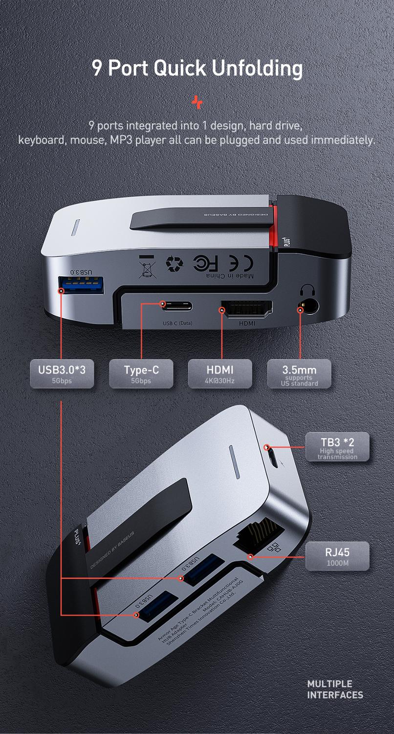 9 Port USB C HUB to HDMI Adapter for iPhone Notebook Pro 96W Power Charger 2-in-1 Stand HUB Heat Dispersing Devices