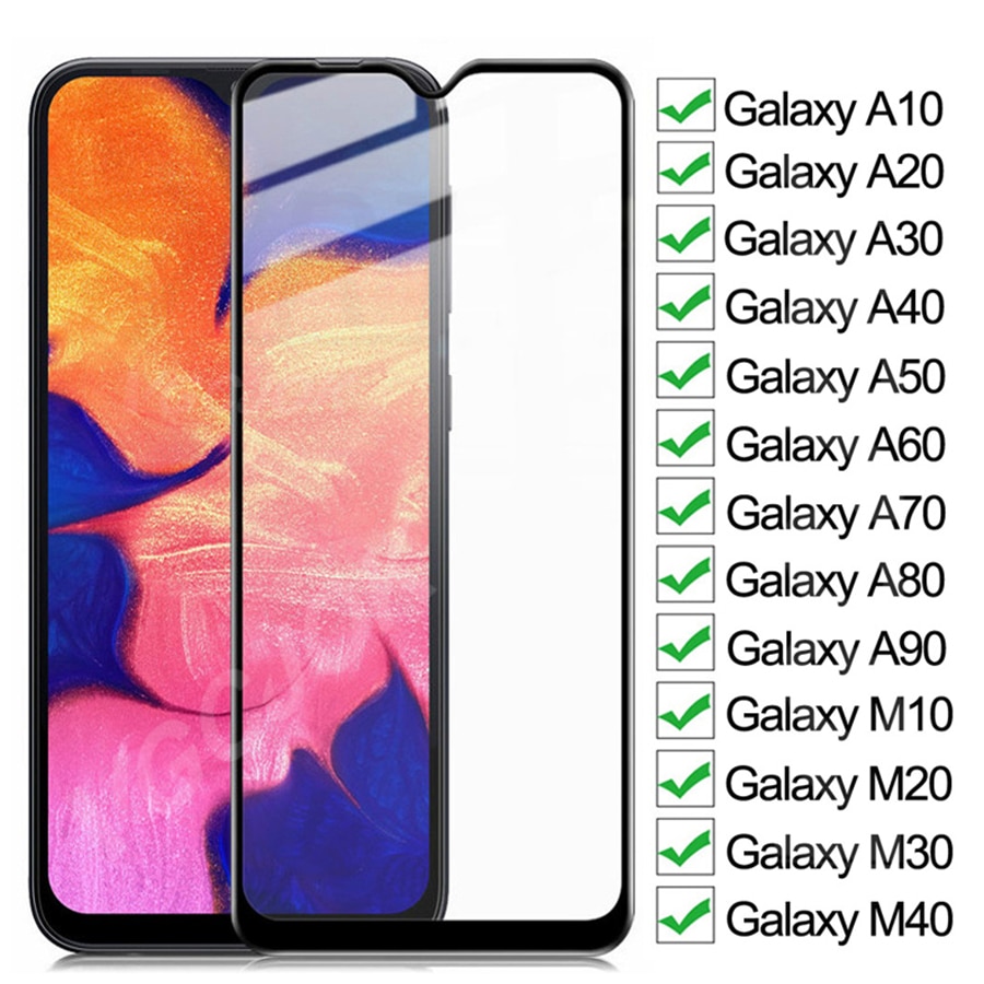 9D Full Tempered Glass On For Samsung Galaxy A10 A20 A30 A40 A50 A60 A70 Screen Protector A80 A90 M10 M20 M30 M40 Glas Film Case