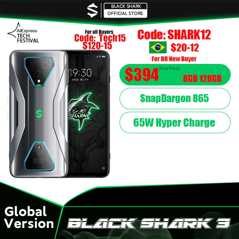 Global Version Black Shark 3 5G Snapdragon 865 8GB 128GB Game Phone Octa Core 64MP Triple AI Cameras 65W Charger 4720mAh JOYUI11