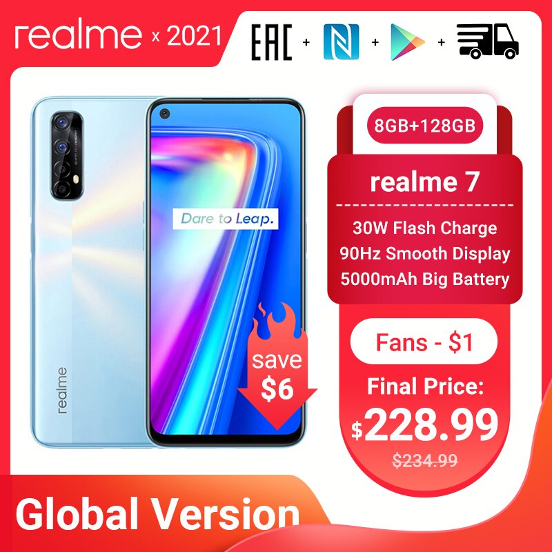 realme 7 8GB 128GB Mobile Phone Global Version 6.5'' 90Hz Display Helio G95 Octa Core 48MP Quad Camera 5000mAh 30W Dart Charge