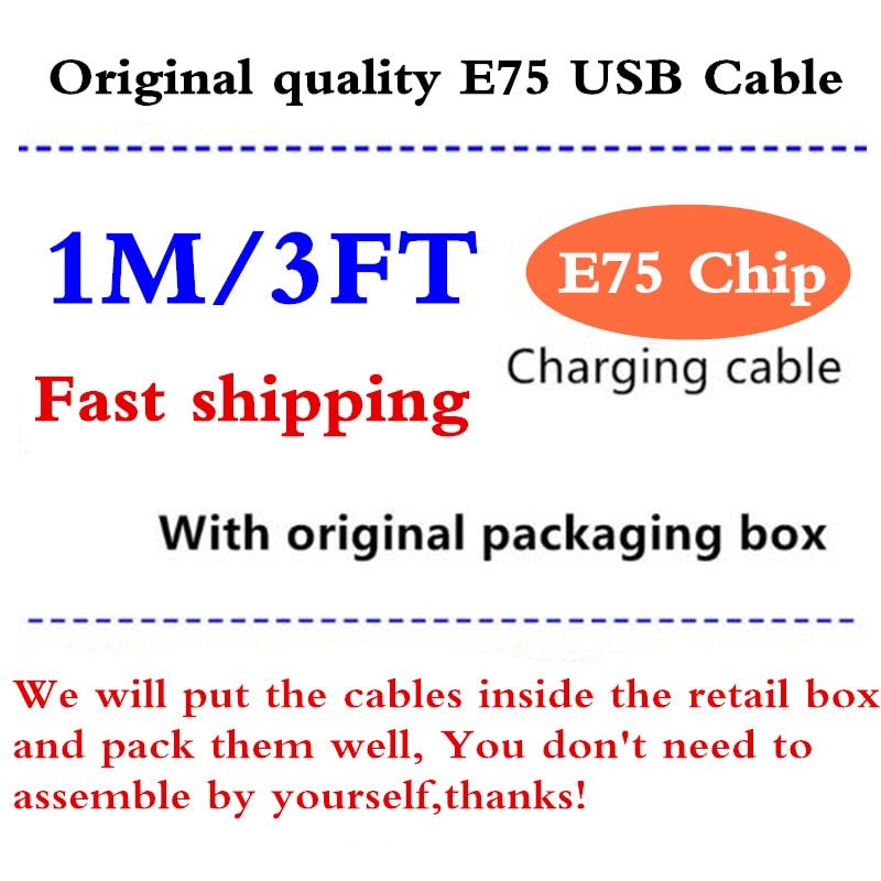 100Pcs 8ic 1M/3FT E75 chip USB data cable charger cord For mobile phone 5 5S 6 6s 7 7plus 8 8pl X Charging cable with packing