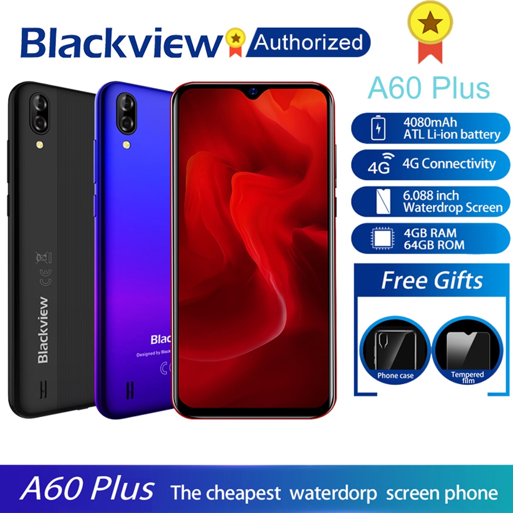 Blackview A60 Plus Mobile Phone MTK6761V/WB Quad Core 4GB+64GB 6.088" Waterdrop Screen 4080mAh 4G Celular Smartphone Touch ID