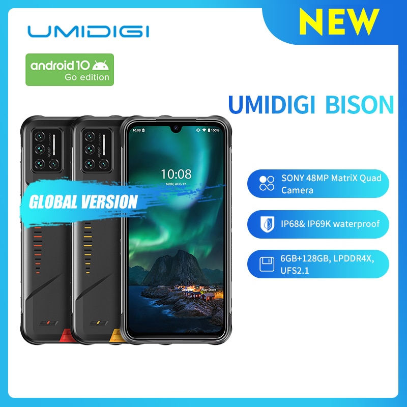 UMIDIGI BISON IP68/IP69K Waterproof Rugged Phone 48MP Matrix Quad Camera 6.3" FHD+ Display 6GB+128GB NFC Android 10 Smartphone