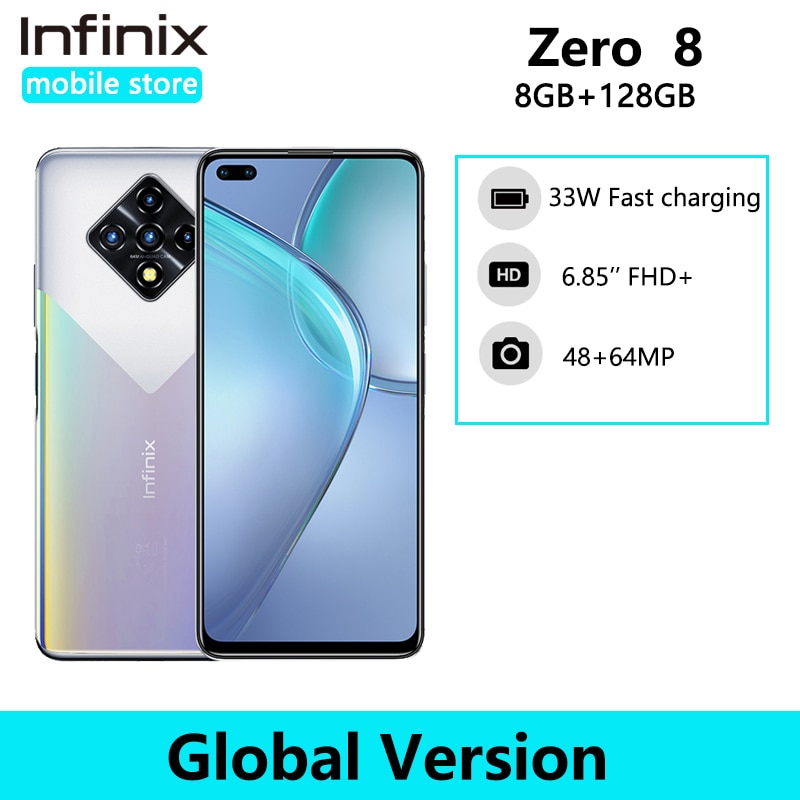 Global Version Infinix Zero 8 8GB 128GB Mobile Phone 6.85'' FHD 90Hz Full Screen 64MP Quad Camera 4500mAh Battery 33W Charger