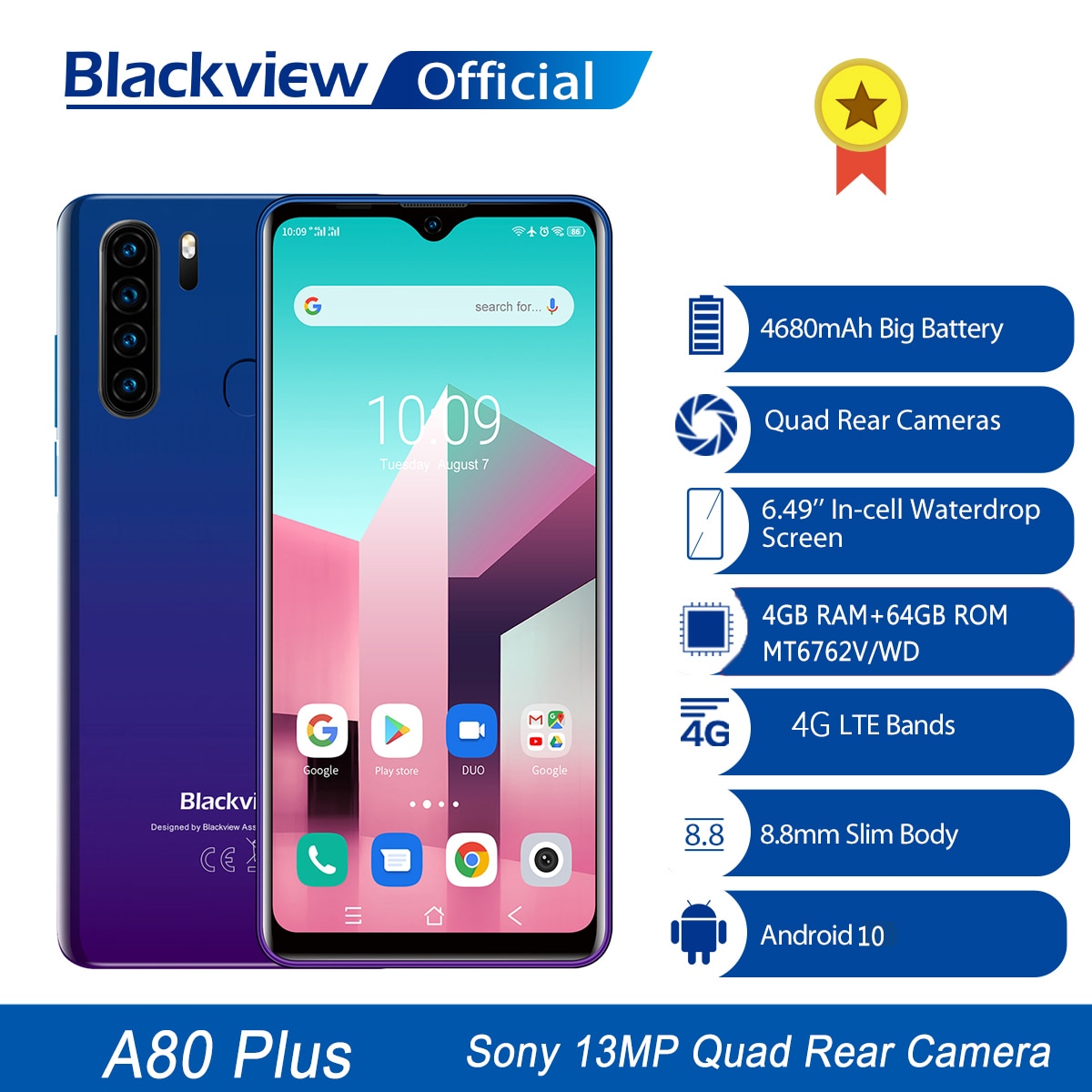 Blackview A80 Plus Mobile Phone Octa Core 4GB RAM+64GB ROM 13MP Quad Rear Camera 6.49 Inch Waterdrop Smartphone 4G Cellphone