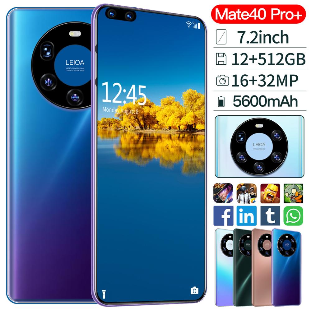 Mate40 Pro+ 10 Core Dual SIM Face ID Cell Phones MT6889 7.2 Inch HD Screen Smart Phone 8GB 128/256GB 512GB Mobile Phone Global