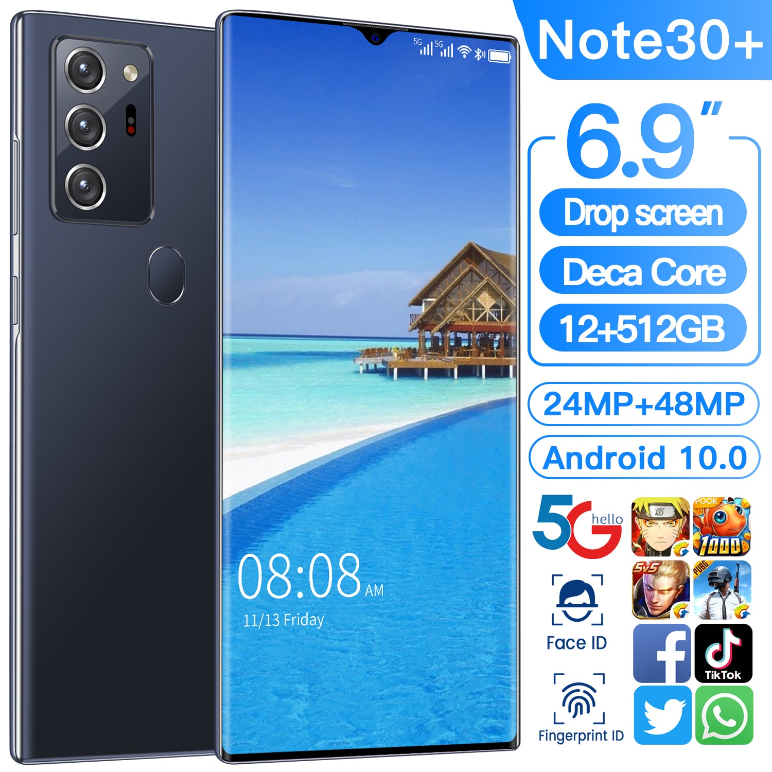 Note30+ 512GB 6.9 Inch Drop Screen Deca Core Smart Phone Andriod 10.0 Dual SIM 10 Core 6000mAH Face Fingerprint ID Cell Phone