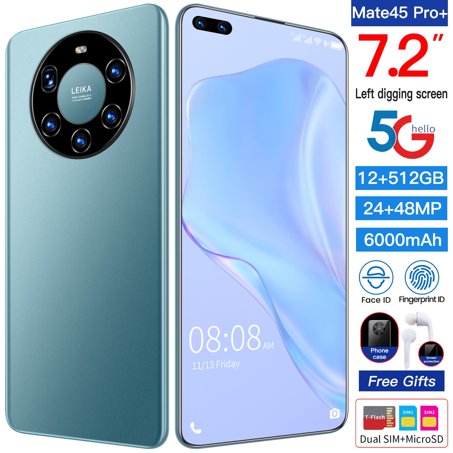 Global Mate45Pro 7.2 Inch Full Screen 24MP+48M Dual Smartphone 8+512GB Face ID 10 Core 6000mAh Andriod Mobile Phone MTK6899