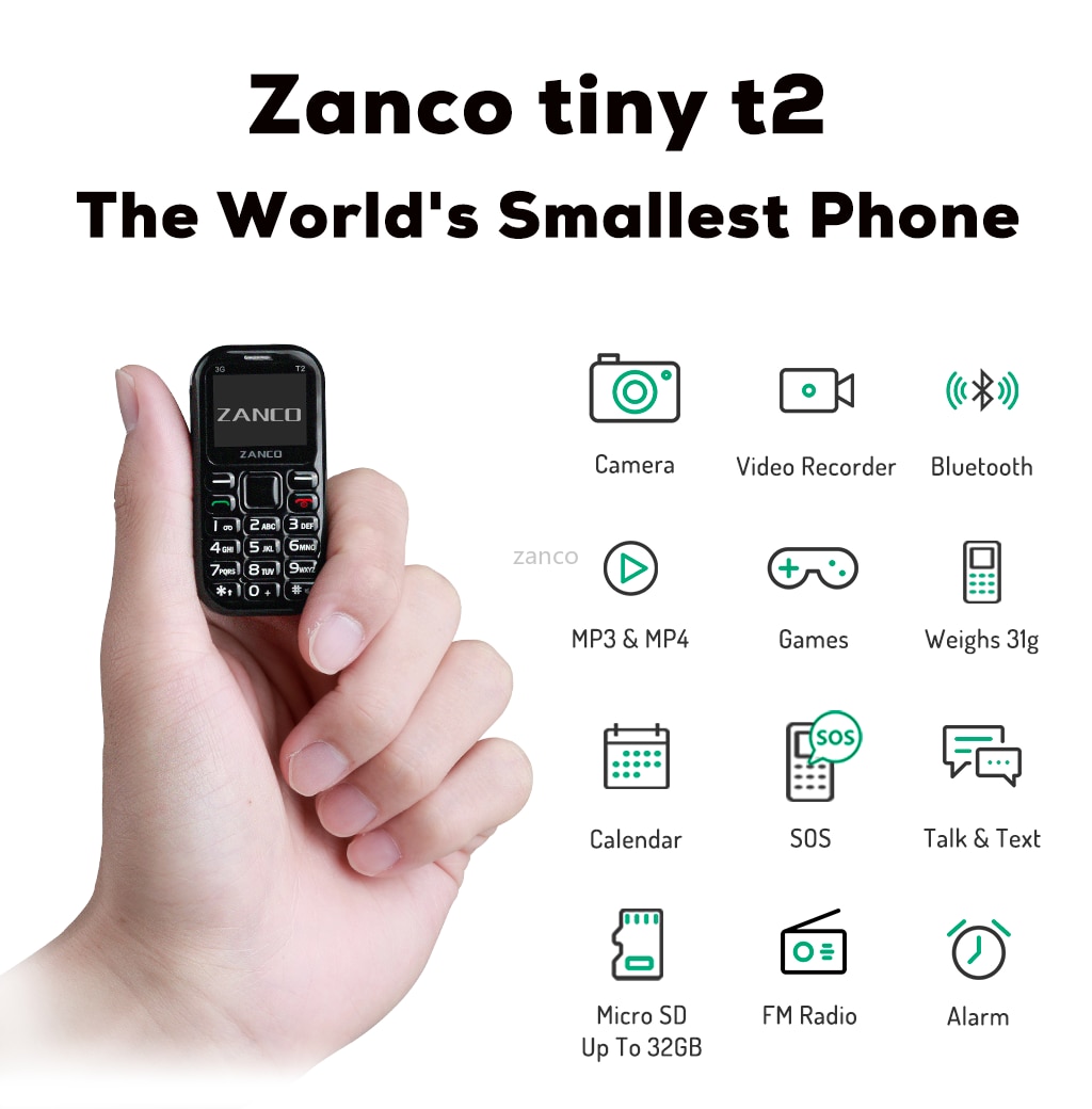 New arrival Package of 50 x ZANCO Tiny t2 World Smallest Phone 3G GSM/WCDMA Mini Cellular Unlocked Buy factory direct