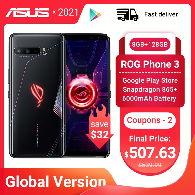 Global Version ASUS ROG Phone 3 5G Gaming Phone Snapdragon 865 Plus 8RAM 128ROM 6000mAh 144HZ 2SIM Card NFC ROG3 Smartphone