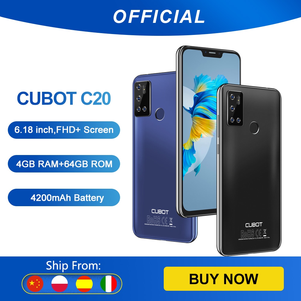 Cubot C20 Smartphone NFC 12MP Quad AI Camera 4GB+64GB Mobile Phones 4G LTE Celular 6.18 Inch FHD+ 4200mAh Android 10 Cell Phone