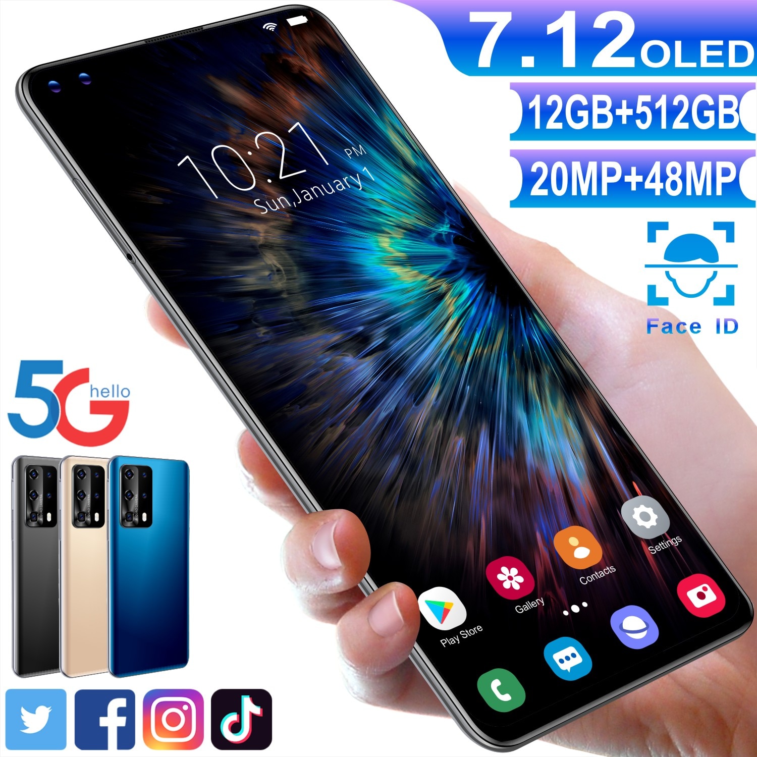 2021 New P40pro+ 7.12 Inch 256GB Andriod 5G Network Mobile Smart Phone Global MTK6889 Face ID 5000mAh 10 Core 24+48MP Cellphones