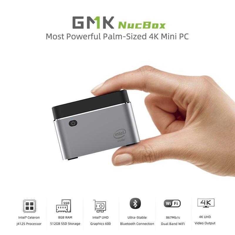 Mini PC,GMK NucBox Windows 10(64-bit) Intel J4125 Mini Computer with HDMI,4K HD,8GB DDR4/128GB-512GB SSD,Dual Band Wi-Fi,256GB