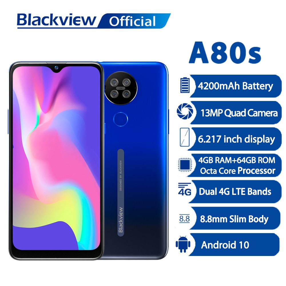 Blackview A80s Helio A25 Android 10 Smartphone 4GB RAM 64GB ROM 13MP Quad Camera 4200mAh 6.2“ Waterdrop Screen 4G Moibile Phone