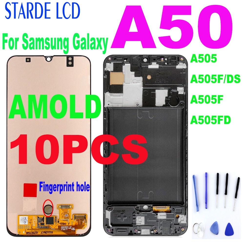 10PCS AMOLED For Samsung Galaxy A50 SM-A505FN/DS A505F/DS A505 LCD Display Touch Screen Digitizer With Frame For Samsung A50 lcd