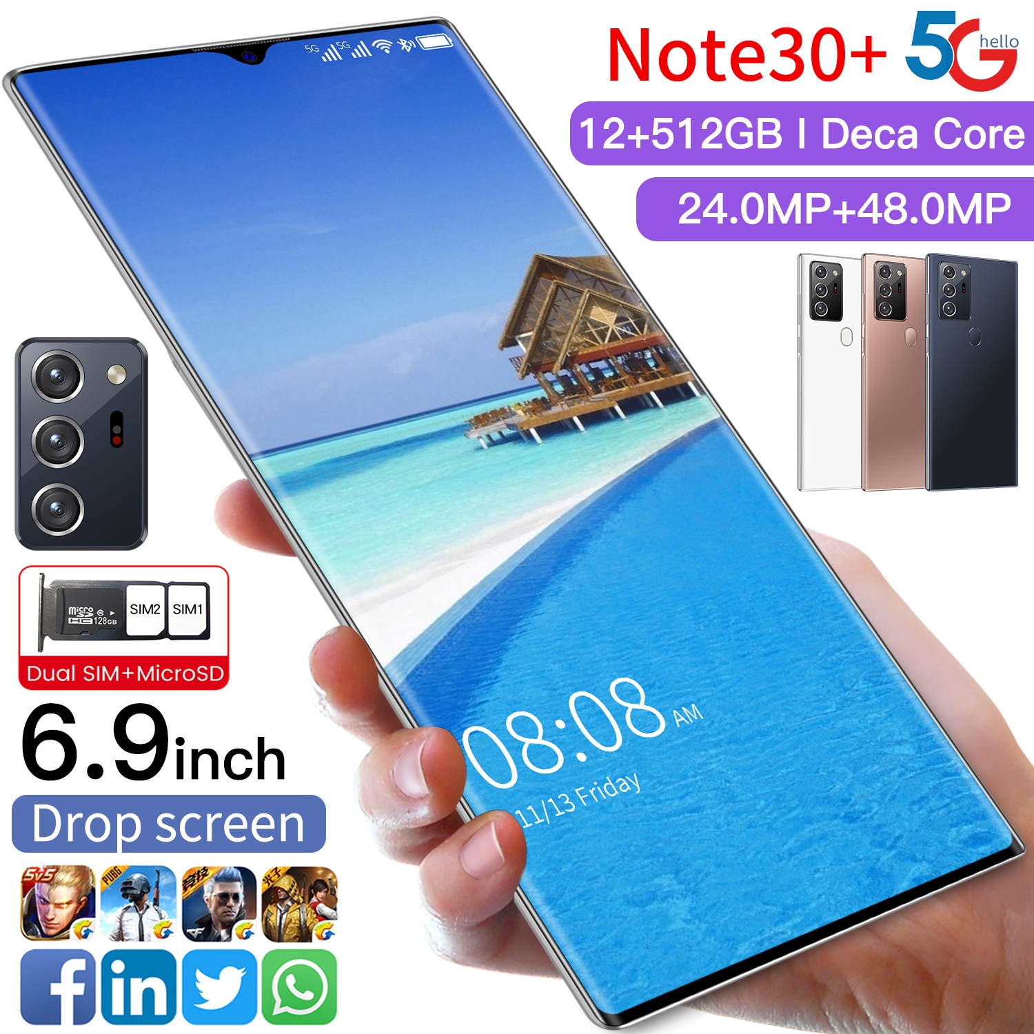 Note30+ 6.9 Inch Fingerprint Unlock Deca Core Smart Phones Global Version 2021 New 8+256GB Andriod 10 MTK6889 CellPhones 5G LTE