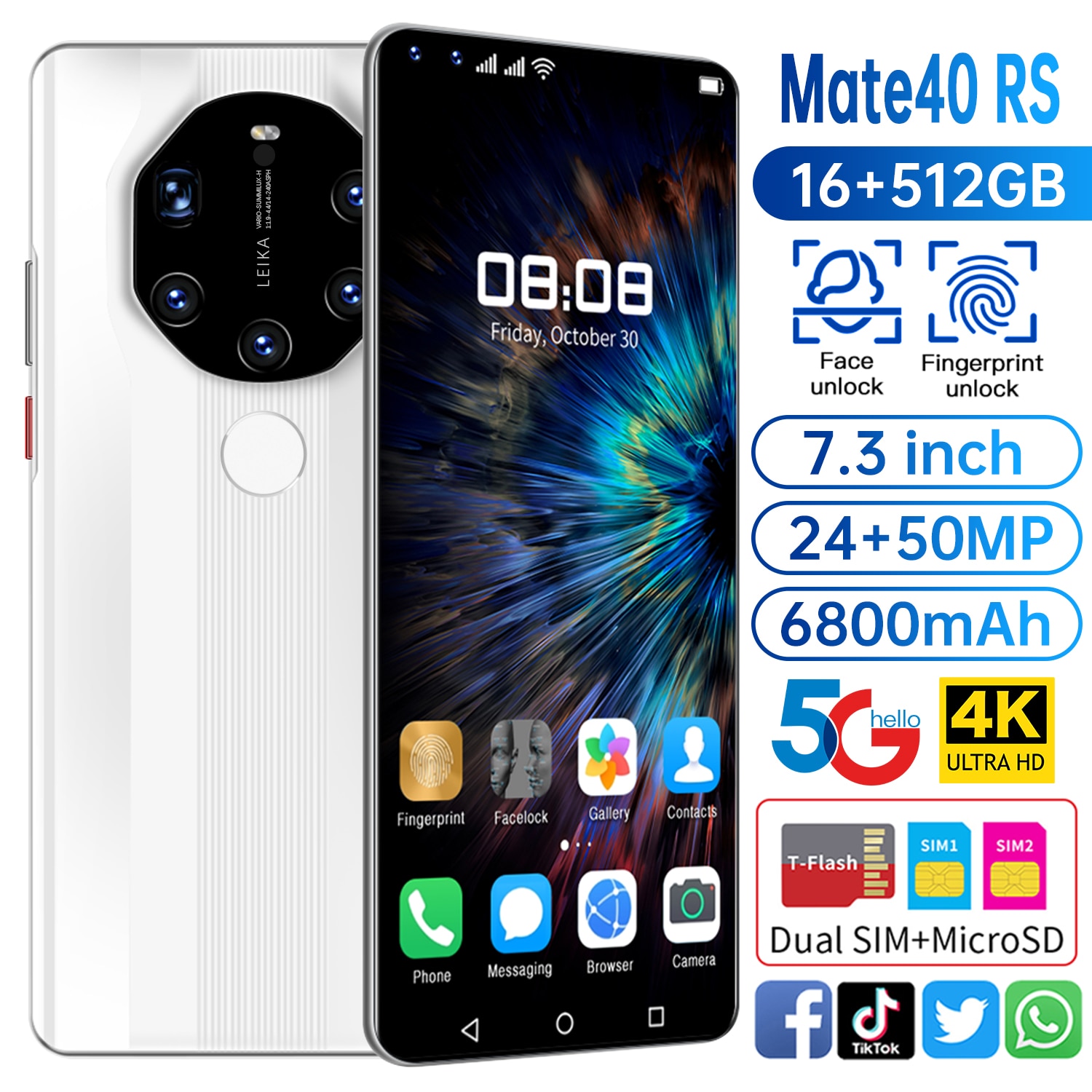 Global Version HUAWE Mate40 RS Smartphone 7.3 Inch Full Screen Deca Core 6800mAh 16GB 512GB 4G LTE 5G Network Mobile Phone