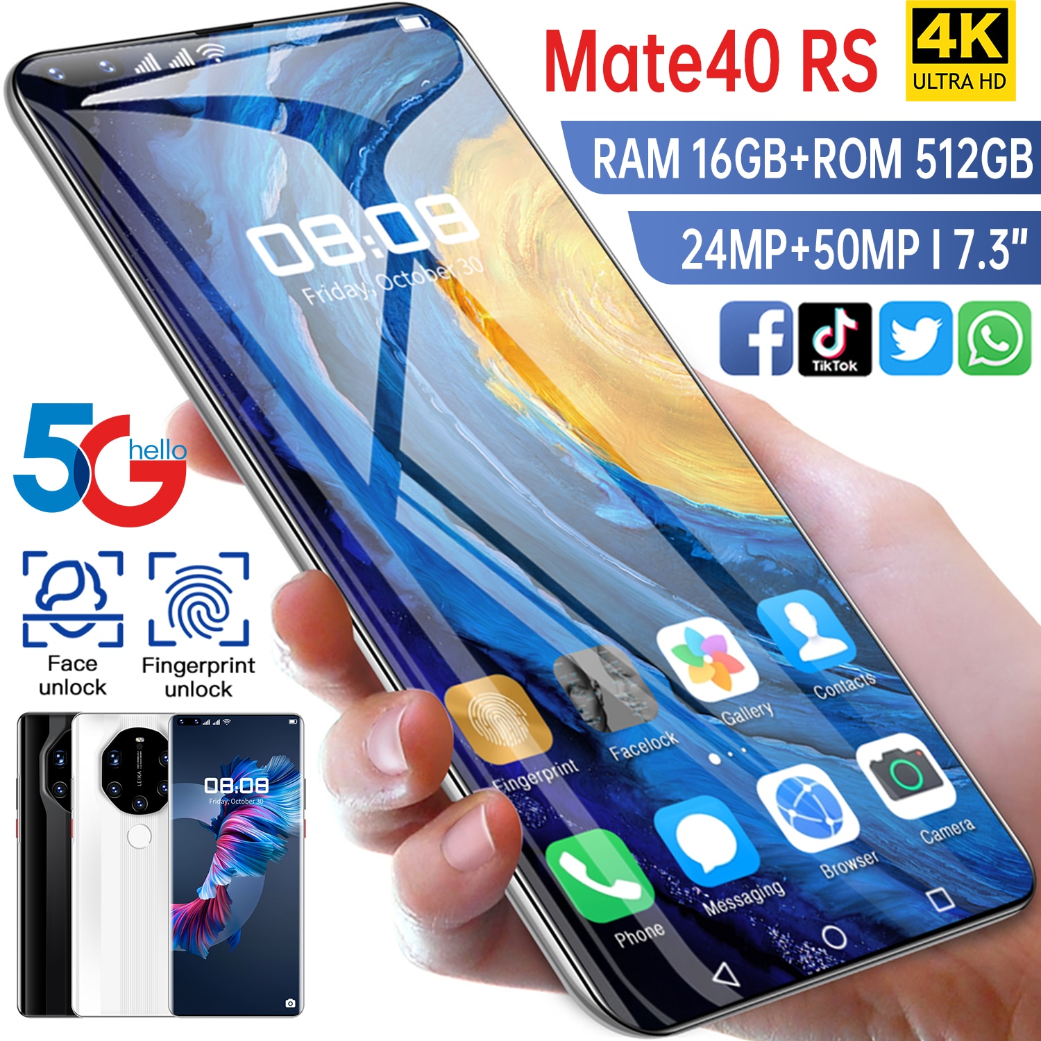 Smartphone Global Version HUAWE Mate40 RS 7.3 Inch Full Screen Deca Core 6800mAh 16GB 512GB 4G LTE 5G Network Mobile Phone