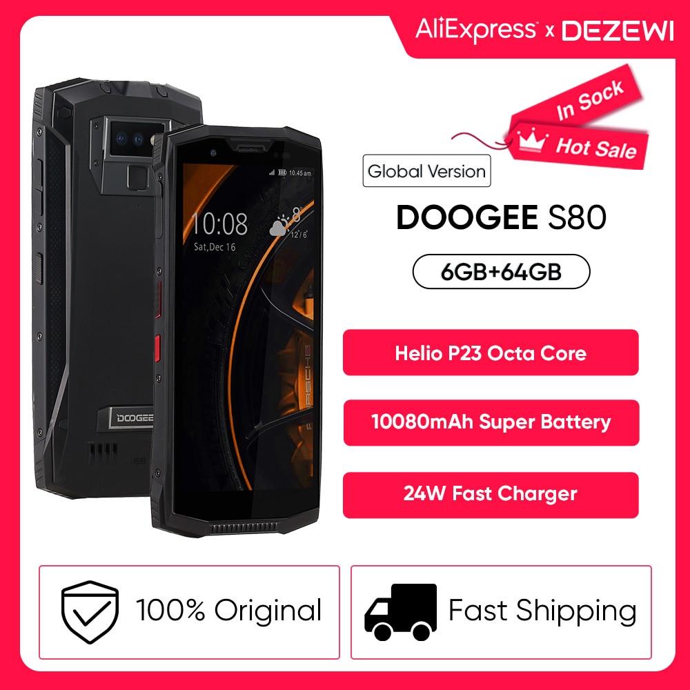 DOOGEE S80 Mobile Phone Wireless Charge NFC 10080mAh 5.99" FHD Helio P23 Octa Core 6GB 64GB 16.0MP IP68/IP69K 24W Fast Charger