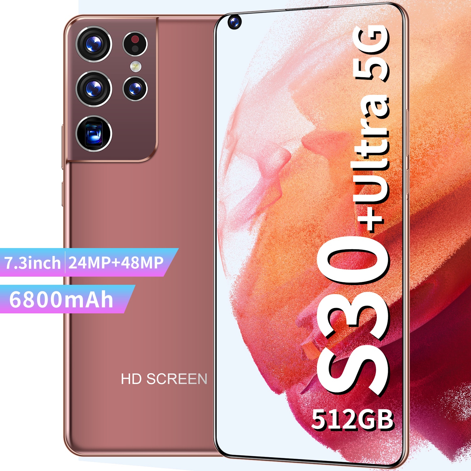 Galxy S30 Ultra 8GB RAM 128GB ROM 7.3 Inch Dual SIM 24+48MP Smart Phone MTK6889 10 Core 6800mAh Andriod 10 Face ID Mobile Phone