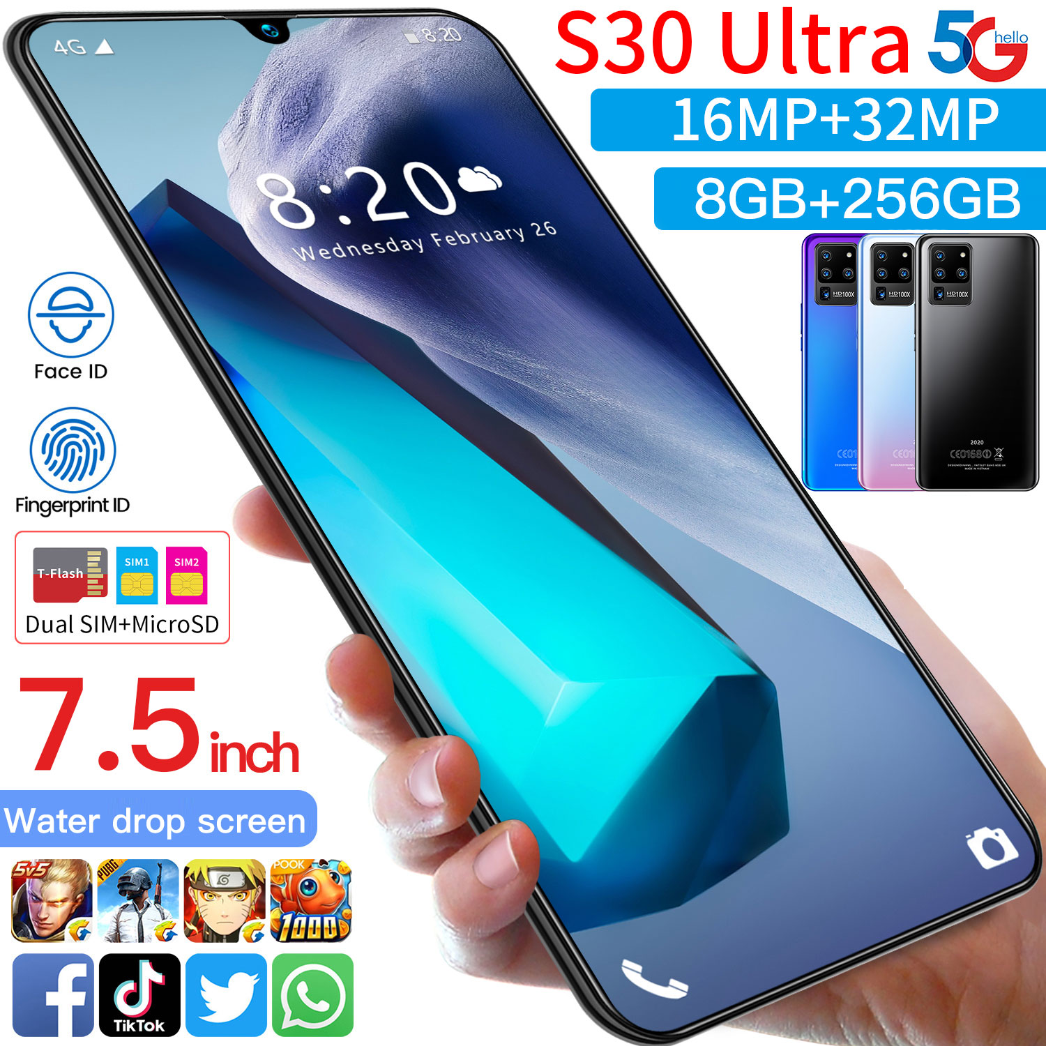 +Global Version S30 Ultra 7.5 Inch Water Drop Screen Dual SIM Andriod 10 Deca Core Smart Phone MTK6889 8+256GB 5G LTE Cellphones