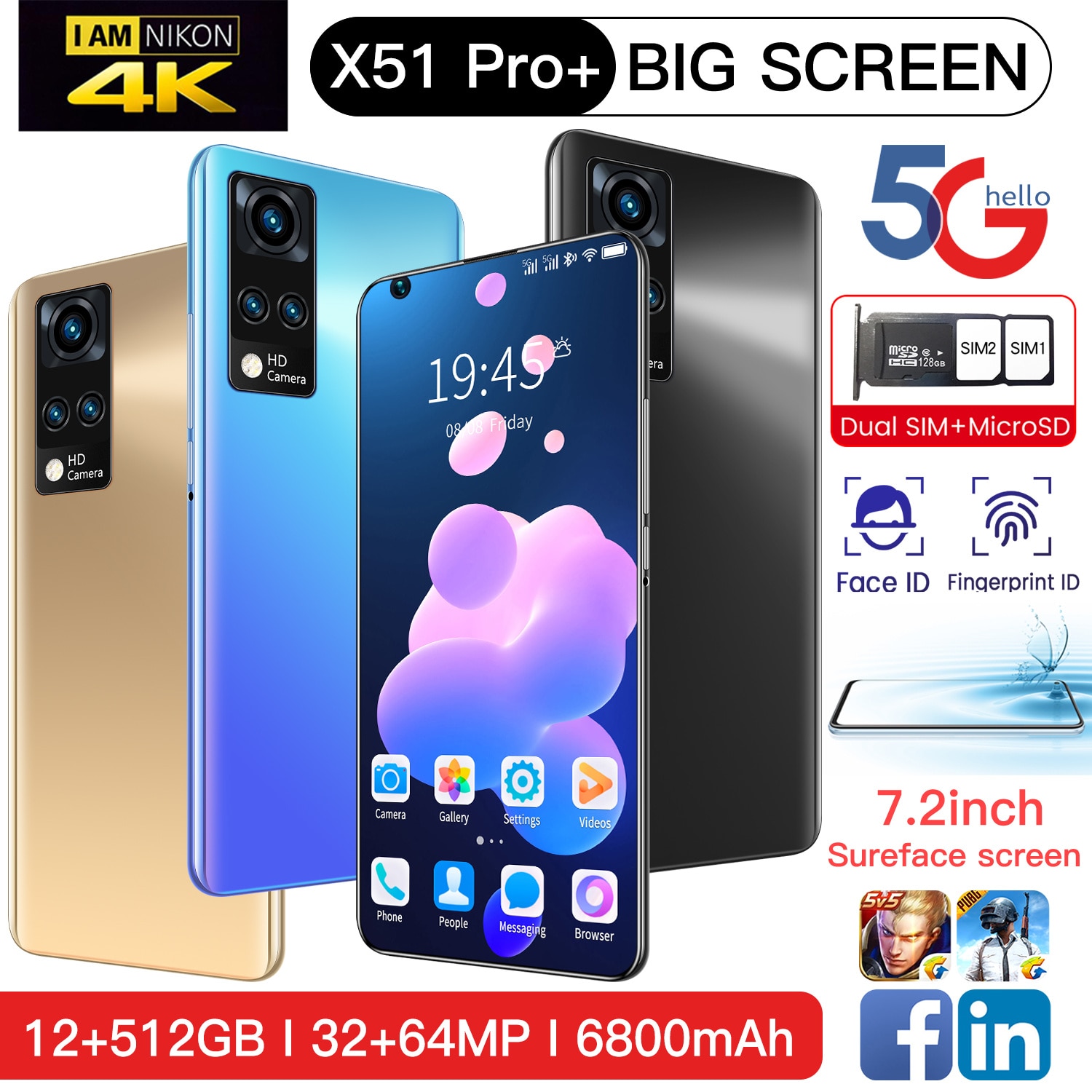 X51 Pro+ Cellphones Smartphones 6 GB 128 GB 7.2inch 32MP+64MP 6800mAh Really Telephone MTK6595 5g Smartphone Android 10 Core