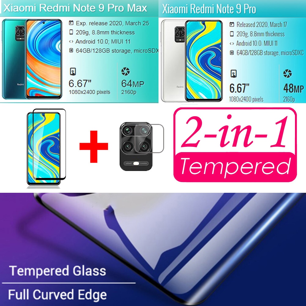 9D Tempered Glass for Xiaomi Redmi Note 9s 9 Pro Max Screen Protector 2 in 1 Camera lens film on Redmi Note 9s 9 Pro Max glass