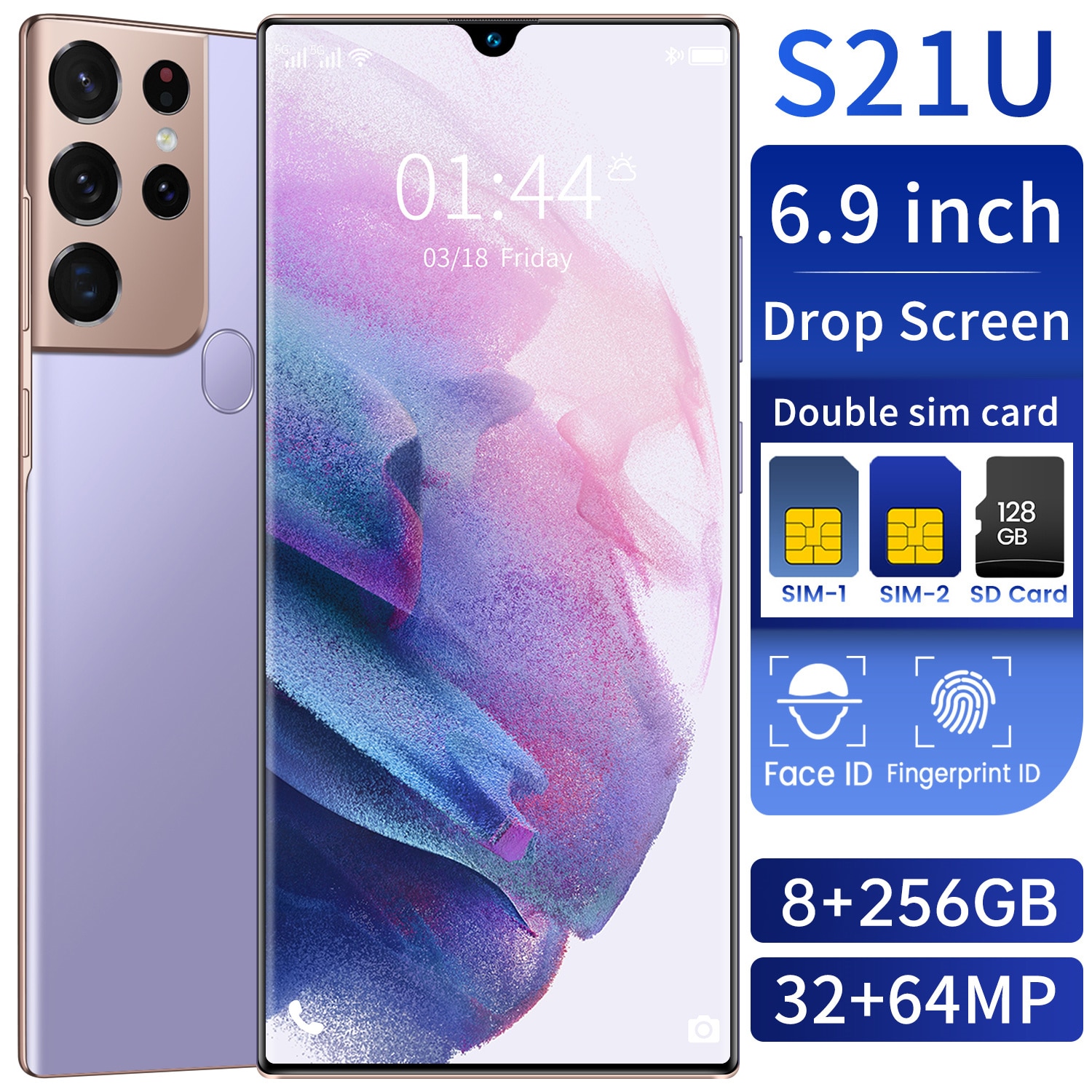 New Arrival Galxy S21U 6.9 Inch Smart Phone 8+256GB 32+64MP 6800mAh Andriod 11 Deca Core Dual SIM+Micro SD Mobile Phone MTK6889+