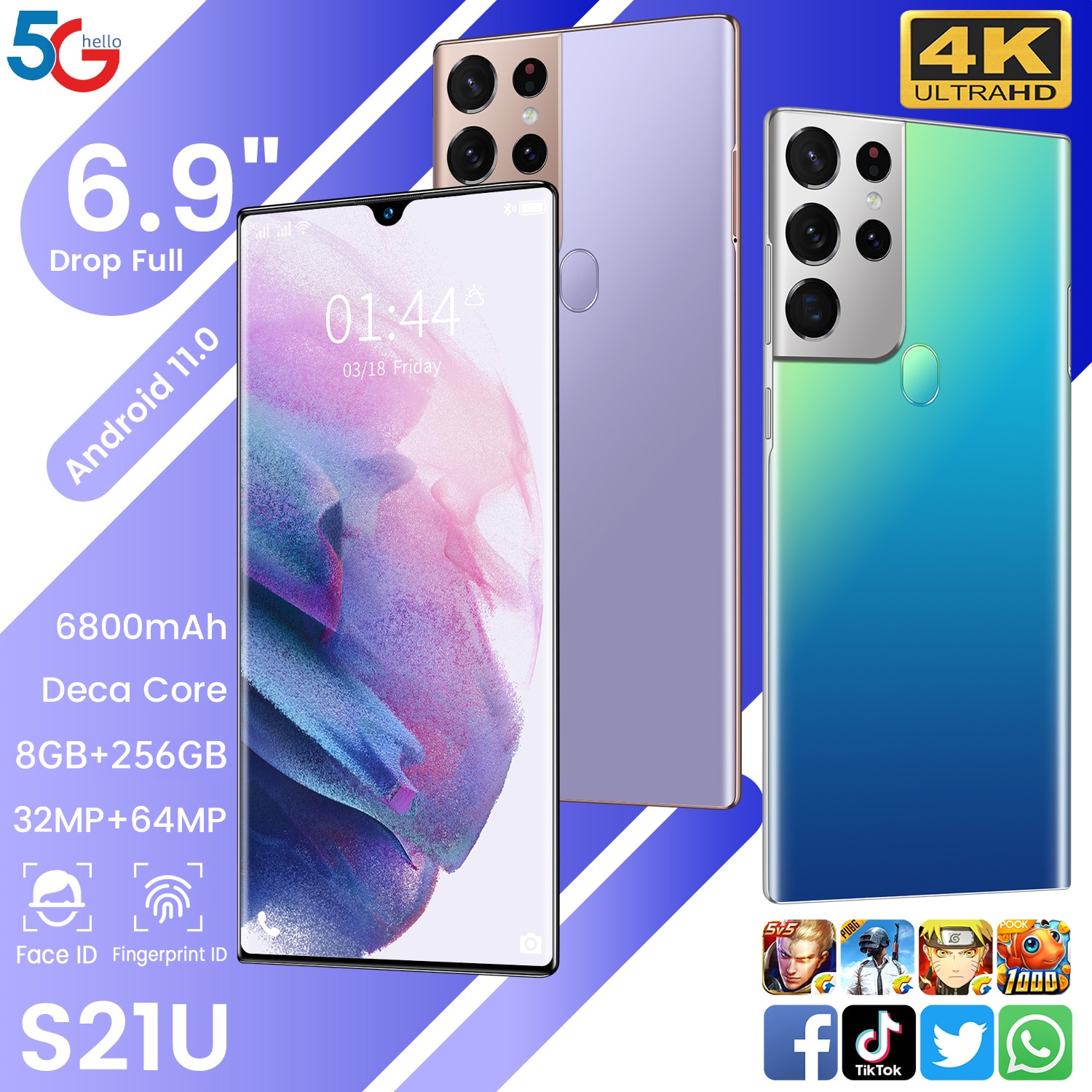 Galxy S21U Smartphone 8+256GB LTE 6.9 Inch Screen 6800mAh Android 11 Deca Core mobile phone Face Fingerprint Unlock Cellphone 5G