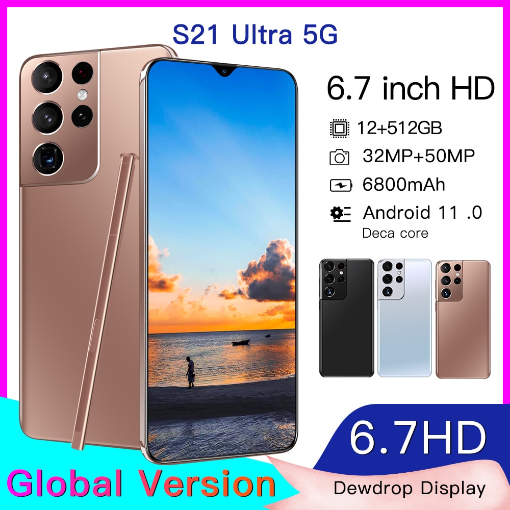 S21Ultra 2021 Global Version Smartphone 10 Core 6.7Inch 1440*3200 5G Network 12+512GB 32MP+50MP Android 11 Face ID Cell Phones