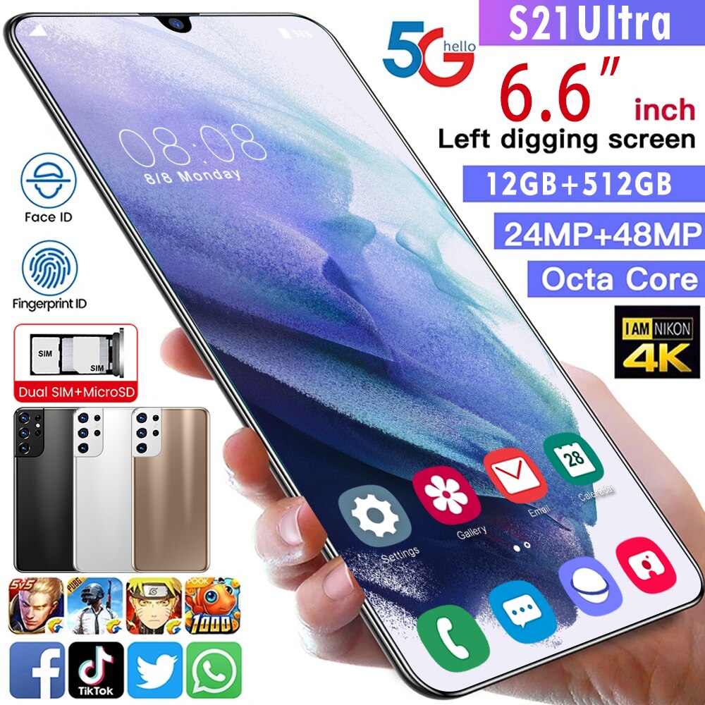 Global Version S21 Ultra 6.6 Inch 512GB Full Screen Andriod 10 Smart Phone 5G Network 6800mAh Dual SIM Andriod Phone Celular