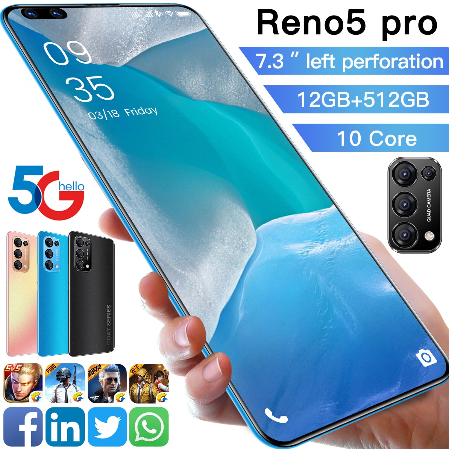 Reno5 Pro 12+512GB 10 Core Global 5G Andriod Mobile Phone 7.3 Inch Digging Screen Face Fingerprint ID Smartphone MTK6797 Celular