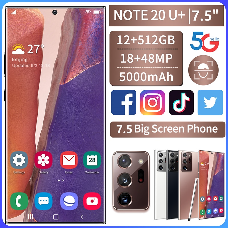 Smartphone Global Version Galay Note20U+ 7.5-inch Telephone 12GB+512GB Smart Phone Android 10.0 4G/ 5G Mobile Phone