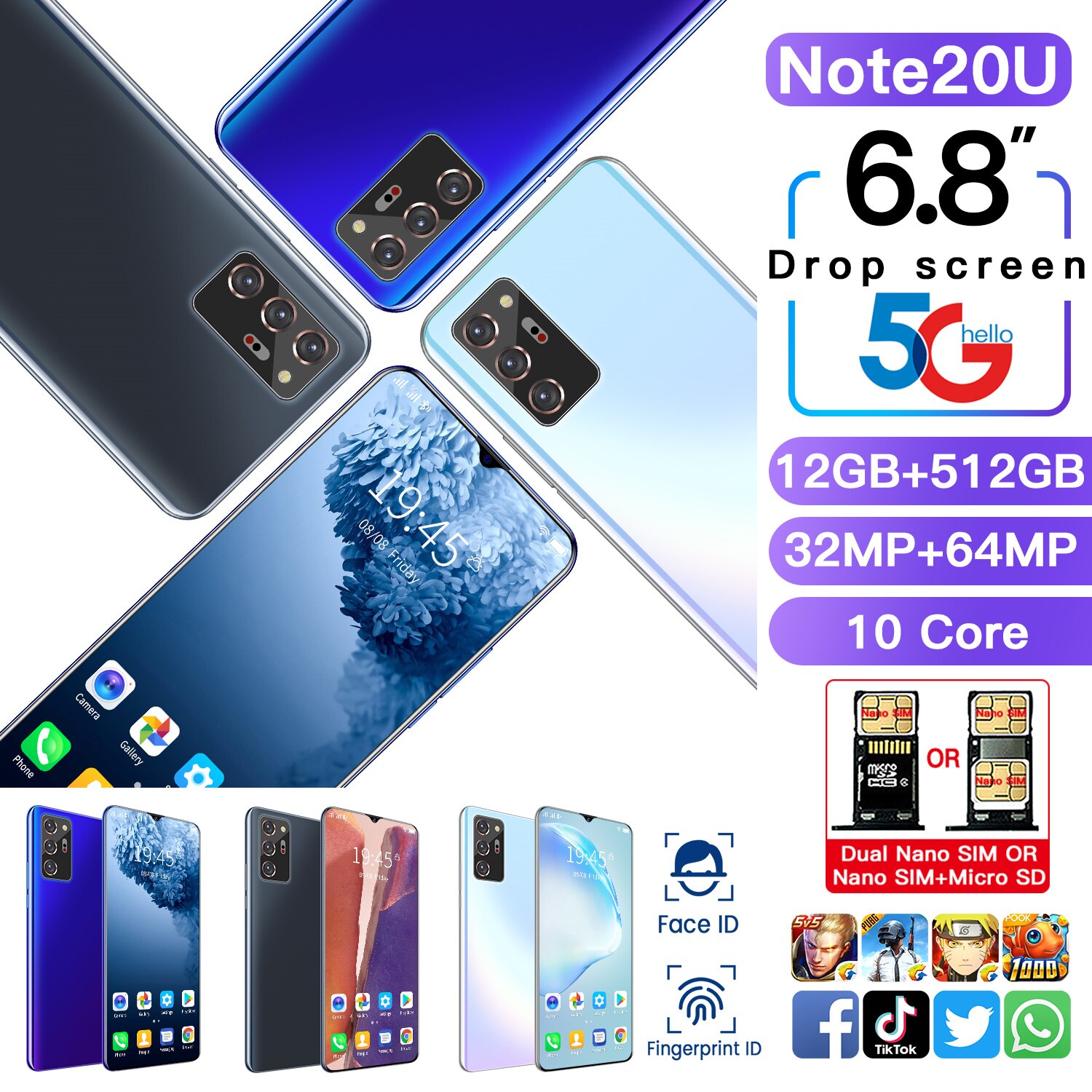 Global Version Note20U Smart Phone 12GB+512GB 6.8 Inch 5000mAh HD+ Water Drop Screen Fingerprint Face Unlock 5G Mobile Phones