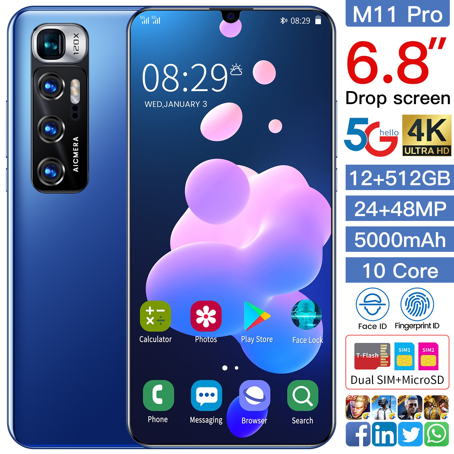 New Arrival M11 Pro 2021 Global Version Smartphone 6.8Inch Drop Screen 12+512G 5000MAH 24+48MP 10Core Face ID Fingerprint ID 5G