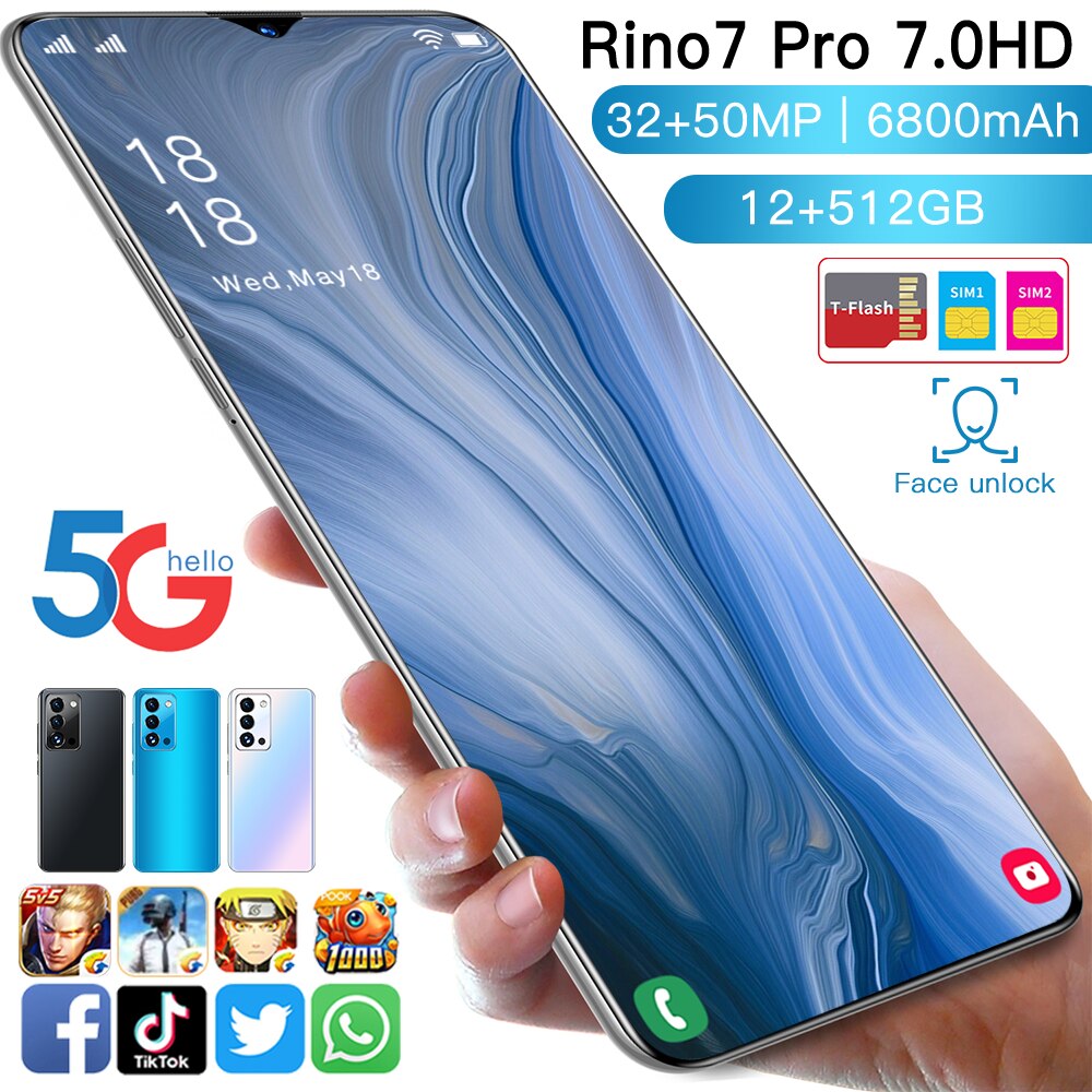 Hot Sale 12GB+512GB 7.0 Inch Face Unlock 6800mAh Dual SIM+SD Smart Phone Rino7 Pro Qualcomm 888 Andriod 11 Mobile Phone Celular