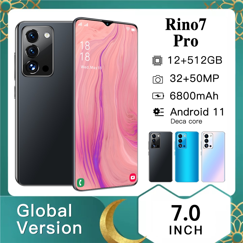 Rino7 Pro 7.0 Inch 12GB RAM 512GB ROM Andriod 11 Smart Phone 1440*3200 32MP+50MP 6800mAh Dual SIM+SD Cell Phone Qualcomm 888