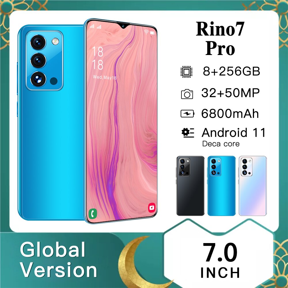 Rino7 Pro 12GB+512GB 7.0 Inch Qualcomm 888 Andriod 11 Cell Phone Face Fingerprint ID 6800mAh Dual SIM+SD Smart Phone Black Blue