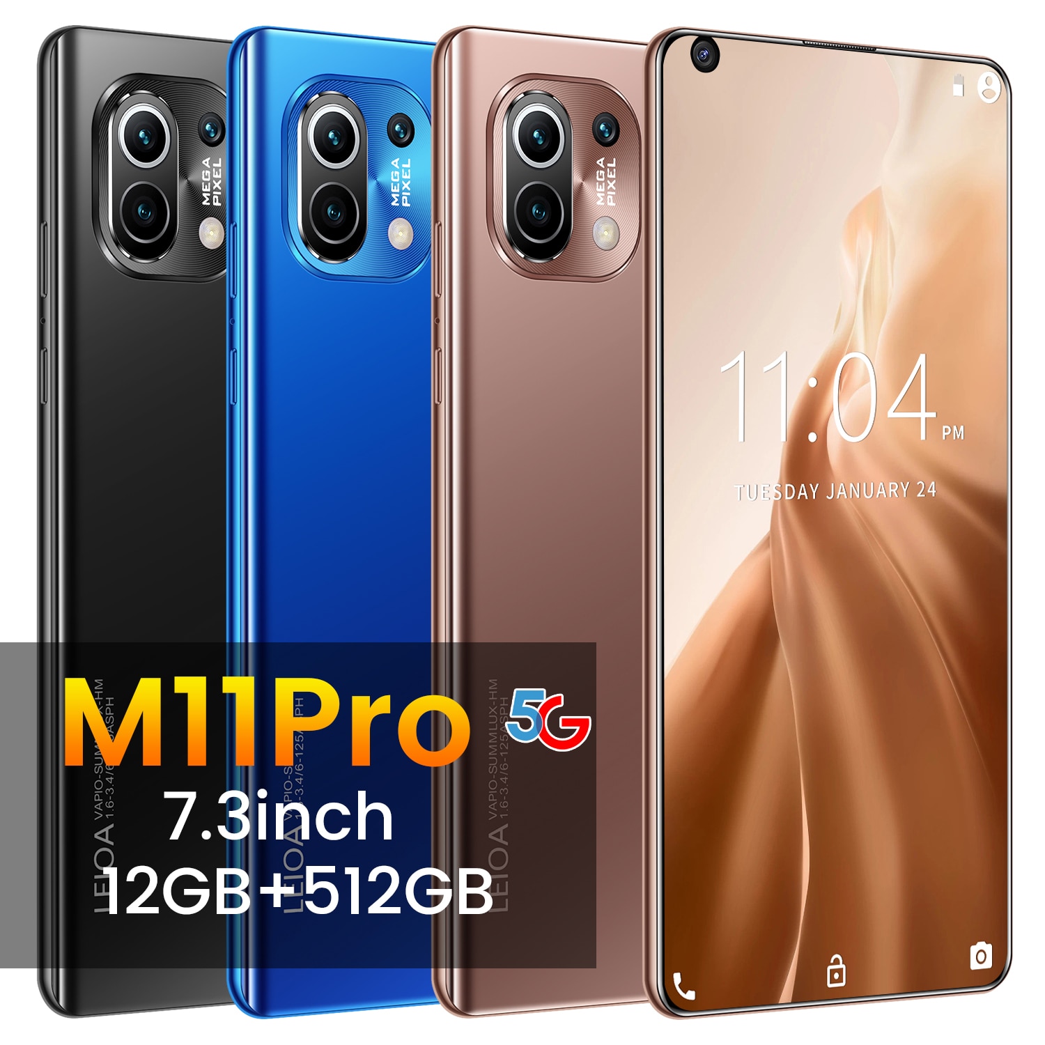 New M11 Pro 7.3 inch Smartphone Android 10 MTK6889 12+512GB 10 Core 16MP+32MP 6800mAh Mobile Cell Phone 5G Dual SIM Full Screen